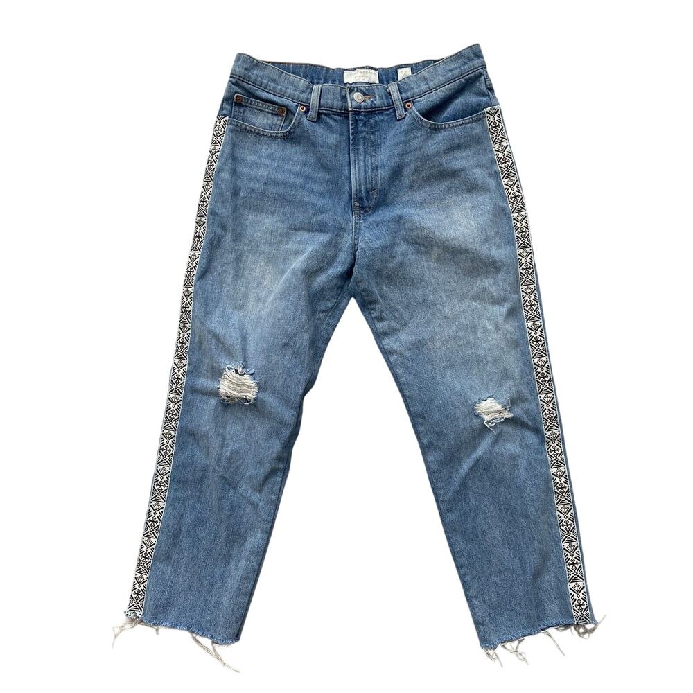 Lucky Brand Relaxed Taper Jeans Women's 8/29 Blue Denim Side Stripe Boho Aztec